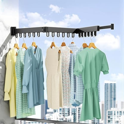 Wall Mounted Foldable Clothes Drying Rack with 18 Hooks, No-Drill, Black - color: Black