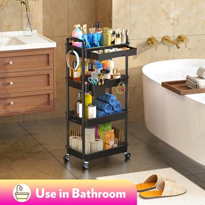 SUNALLY Makeup Cart Organizer with Drawer,4 Tier Rolling Makeup Cart, Black - color: Black, size: 4 Tier