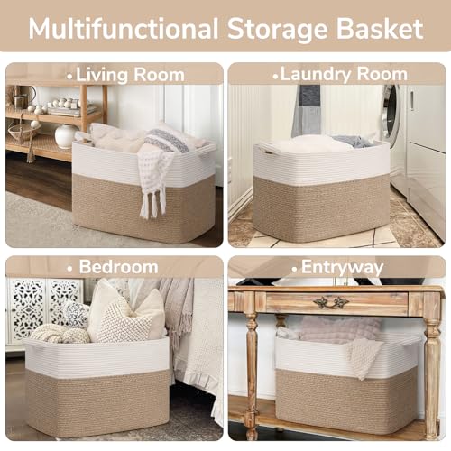 Goodpick 105L Extra Large Woven Rope Blanket Basket, White & Light Brown - color: White & Light Brown, size: XX-Large(25"L x 16"W x 16"H)