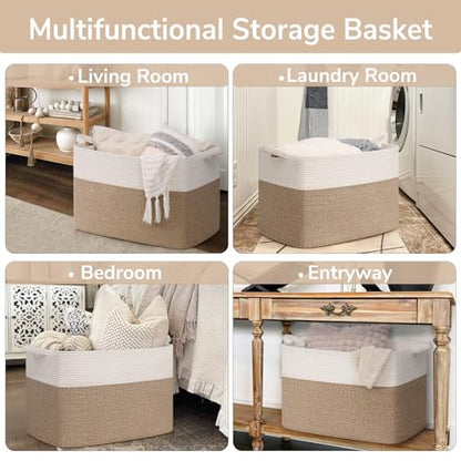 Goodpick 105L Extra Large Woven Rope Blanket Basket, White & Light Brown - color: White & Light Brown, size: XX-Large(25"L x 16"W x 16"H)