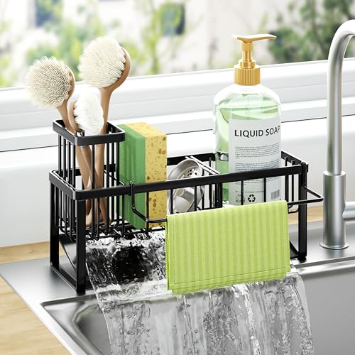 HapiRm Sponge Holder for Kitchen Sink - Self-draining Rustproof Organizer - color: Black-Sloping, size: with Dishcloth Holder