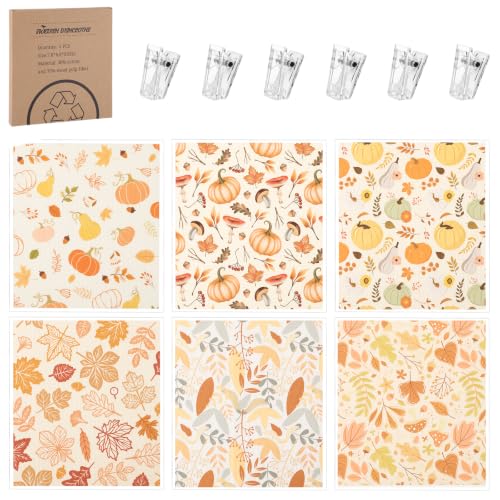 6 Pack Fall Swedish Dishcloths for Kitchen,Autumn Dish Towel with Clip - color: Pumpkin Maple Leaves
