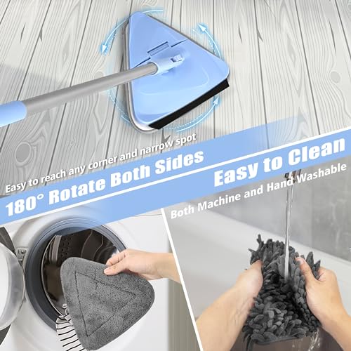 NEWE Wall Washer Mop with 80 Inch Long Handle, Wall and Ceiling Cleaner, 180° Folding Wall Scrubber with Long Handle, Triangle Baseboard Scrubber, 4 Chenille Duster & 2 Microfiber Pads - color: Chambray Blue