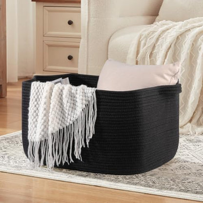 OIASKET 70L Large Blanket Basket, 21.6" x 16.9" x 11.8" Woven Basket - color: Black, size: 21.6"x16.9"x11.8"