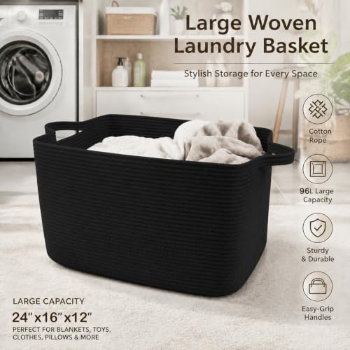 96L Woven Laundry Basket with Handles, Extra Blanket Basket,Black - color: Black, size: 96L