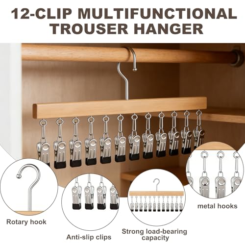 Wooden Rotating Pants Hanger, Closet Organizer with 12 Clips, Space Saving Hanging Clothes Legging Wardrobe Organizer for Jeans, Hats, Shorts, Socks (Brown+Nature, 2Pack)