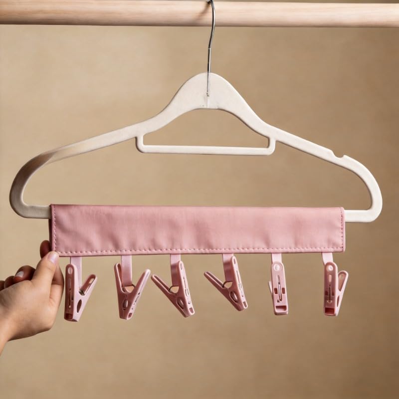 Portable Hanger Clips Travel Clothesline Folding Towel Drying Rack - color: Pink