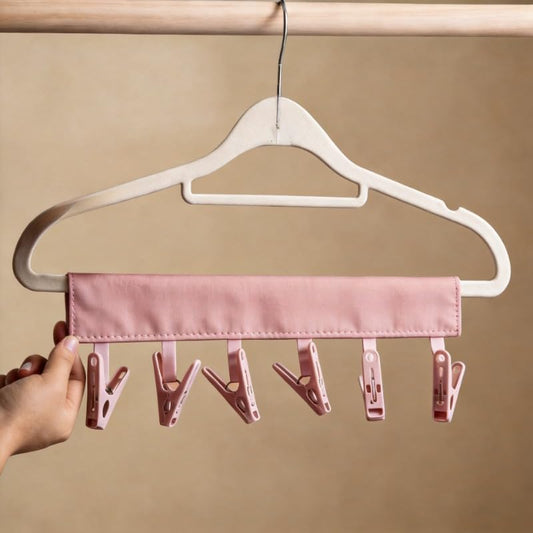 Portable Hanger Clips Travel Clothesline Folding Towel Drying Rack - color: Pink