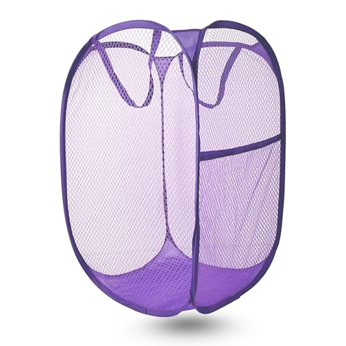 Pop Up Laundry Hamper, Mesh Laundry Basket Collapsible, Foldable Hamper for Travel and Storage (Purple) - color: Purple