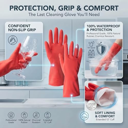 ForPro Natural Rubber Gloves, 6 Pairs Reusable Multi-Purpose Household Cleaning Gloves with Soft Inner Lining, Waterproof & Chemical-Resistant, Wild Cherry, Medium - color: Wild Cherry, size: Medium