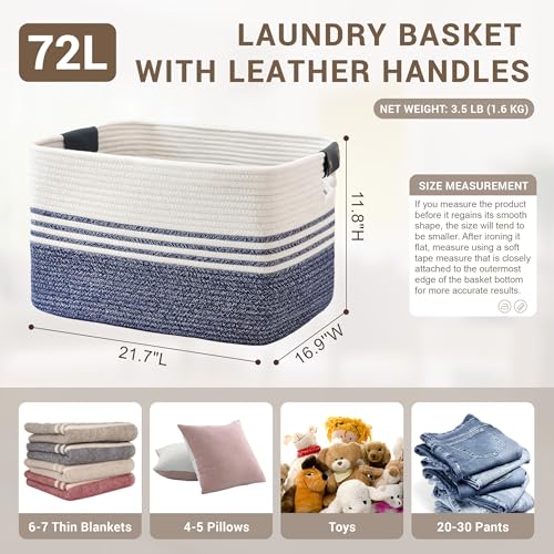 72L Woven Laundry Basket Hamper with Leather Handles,Denim Blue - color: Denim Blue, size: 72L