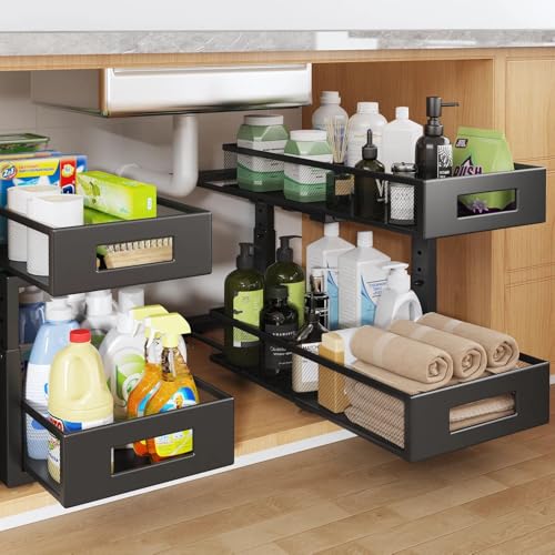2 Packs 19IN Depth Under Sink Organizer, 2-Tier Pull Out Cabinet Organizer With Smooth Circular Rail, Large Capacity Metal Mesh Sliding Drawers For Bathroom& Kitchen Storage,Height Adjustable –Black - color: Black, size: 2 Pack-19"Dx11.6"-16.7" H