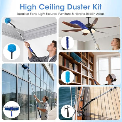 20FT Reach Light Bulb Changer for High Ceilings with 3.4-12.4FT Telescopic Extension Pole, 11PCS Reusable High Ceiling Fan Duster Kit for Recessed Lights, High Ceiling Window Cleaning