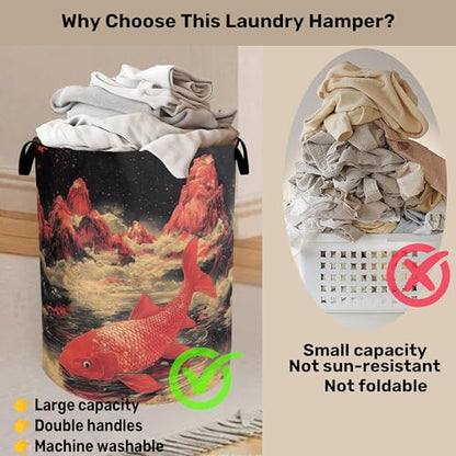 Japanese Style Red Fish Laundry Basket - Heavy Duty 60L Dirty Clothes Organizer, Water Resistant Foldable Hamper for Men Women - color: Japanese Style Red Fish