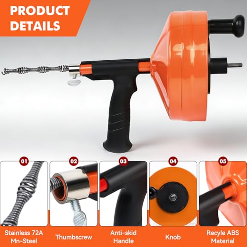 50FT Drain Auger, Dual-Mode Plumbing Snake with Drill Attachment, Sewer Pipe Clog Remover for Kitchen/Bathroom/Shower/Toilet, 6 Hair Clog Removers + Storage Bag, Destapador de tuberia (50 FT, Orange) - color: Orange