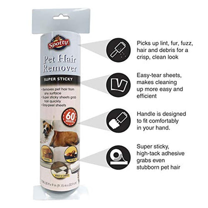 Spotty Supersize Extra Sticky, Adhesive Lint Roller Refill, Pet Cat & Dog Hair Remover for Clothes and Furniture, 60 Sheet ct - size: (Pack of 1)