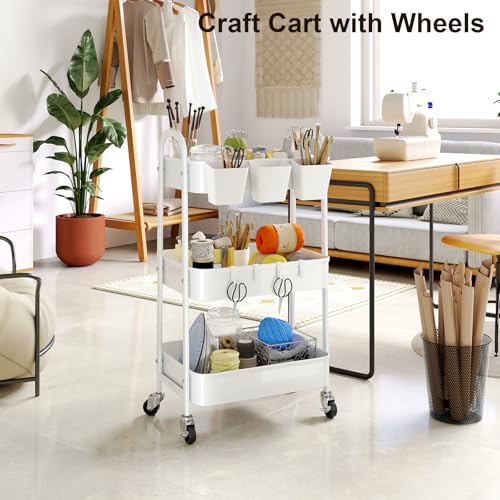 3 Tier Heavy Duty White Metal Rolling Cart with Lockable Wheels,Roller Cart - color: Simple White, size: 3 tier