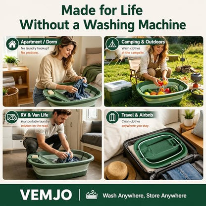12 Gallon Collapsible Wash Basin with Detachable Washboard, Extra Large Foldable Utility Bucket with Dual Drain Plugs, Portable Household Cleaning Tub for Laundry, Mopping, RV, Camping & Travel