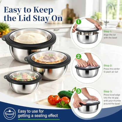 P&P CHEF Mixing Bowls with Lids Set of 3, Black Stainless Steel Salad Bowl - color: Black