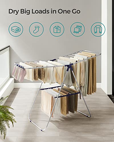 SONGMICS Clothes Drying Rack, Foldable Space-Saving Steel Laundry Rack - color: Silver + Blue, size: 1 Tier （21.7"d x 58.3"w x 39.4"h）