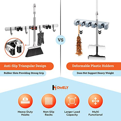 Homely Center Mop and Broom Holder Wall Mount – Heavy-Duty Closet Organizer for Garage, Kitchen, Laundry Organization – Tool Hanger with 3 racks and 4 hooks