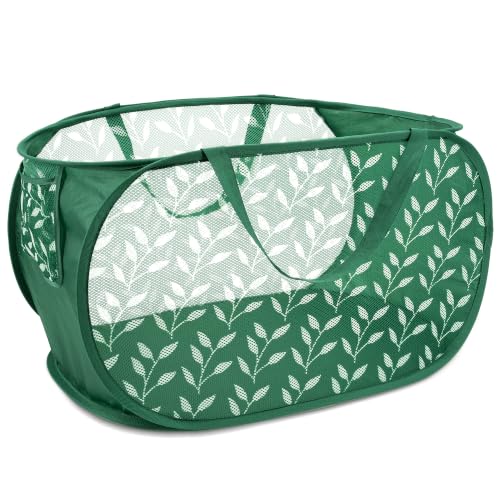 Durable Collapsible Laundry Baskets, Foldable Laundry Basket with Handy Pocket, Mesh Pop Up Clothes Hamper with Reinforced Carry Handles for Laundry, Bathroom, Kids Room, Travel -Leaf Print, Green - color: green