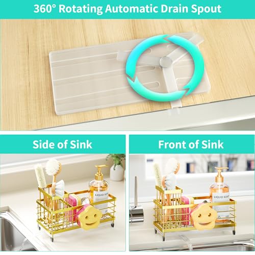HapiRm Sink Caddy Sponge Holder - Self-draining Kitchen Sink Organizer with Smiley Face and Brush Holder, Stainless Steel Kitchen Organizer for Countertop - Gold - color: Gold, size: with Smiley Face Sponge Holder（single）