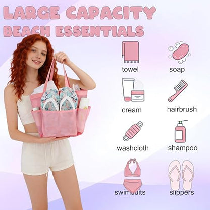 Mesh Shower Caddy Portable - 9 Pockets, Shower Bag for Dorm Room Camping - color: pink blue