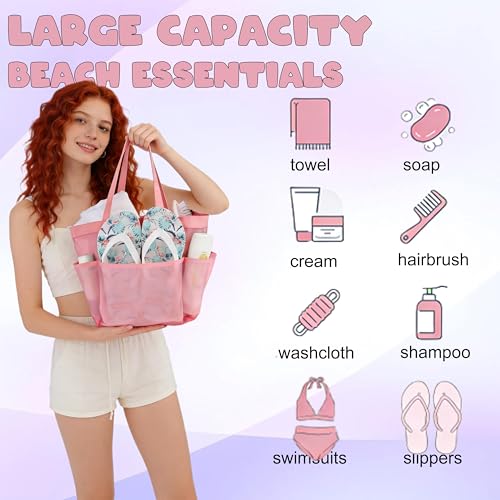 Mesh Shower Caddy Portable - 9 Pockets, Shower Bag for Dorm Room Camping - color: pink purple