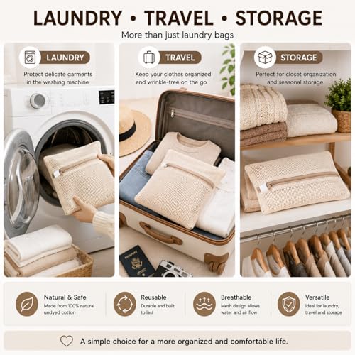 100% Cotton Mesh Laundry Bags, Rust-Proof Zipper Wash Bags for Delicates, Natural Undyed Bags for Lingerie, Sweaters and Baby Clothes, Set of 4 (Natural Cotton, XXL × XL × L × M) - size: XXL × XL × L × M