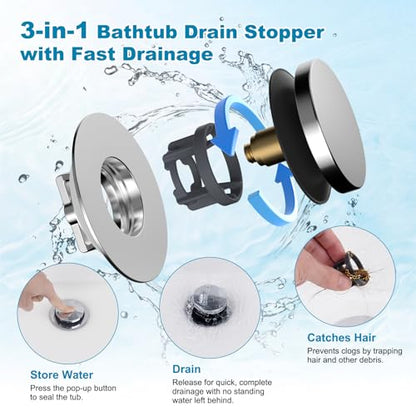 Hibbent 3 in 1 Metal Bathtub Drain Stopper, Universal Pop Up Tub Stopper - color: Chrome