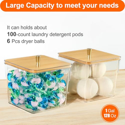 4 Pack Laundry Detergent Container, Clear Laundry Room Organization Containers, Large Laundry Powder Storage Organizer Wooden Lids with Scoop