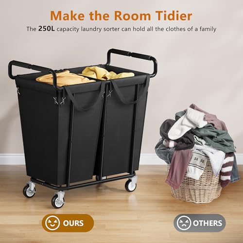 Gewudraw 2 Bag Laundry Hamper with Wheels Medium Size, 250L, Black - color: Black, size: 2-Section-250L
