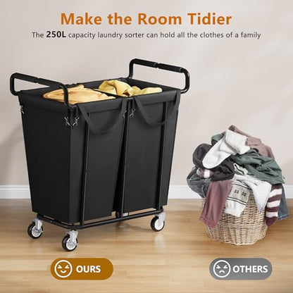 Gewudraw 2 Bag Laundry Hamper with Wheels Medium Size, 250L, Black - color: Black, size: 2-Section-250L