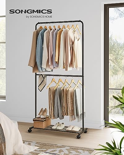 SONGMICS Clothes Rack with Wheels, Metal Garment Rack, Mesh Storage Shelf - color: Black, style: Middle Rod