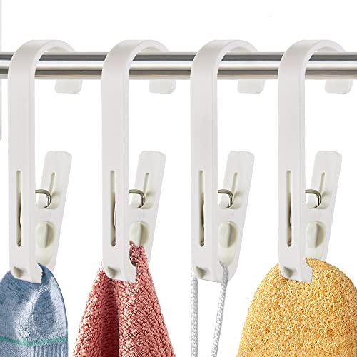 Laundry Hooks with Clips Hanger Closet Organizer Clamps Socks Boot Bras Towels for Bathroom Wardrobe Kitchen Office 4Pcs (White) - color: White