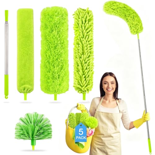 Tiumso Duster with Extension Pole 100 inch Extendable Reusable Dusters for Cleaning 5-in-1 Anti-Spin Dusting Kits for High Ceiling Fans, Cobwebs & Vents, Reinforced Stainless Steel Telescopic Handle - color: Lime Green