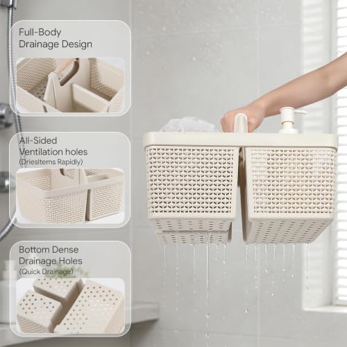 UUJOLY Portable Plastic Shower Caddy Basket with Wooden Handle, Beige - color: Beige