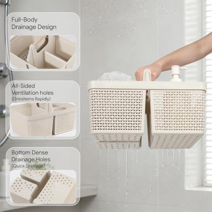 UUJOLY Portable Plastic Shower Caddy Basket with Wooden Handle, Beige - color: Beige