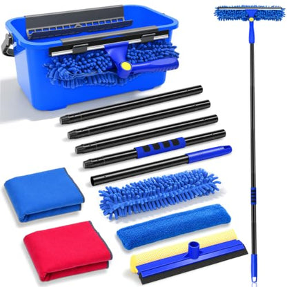 Wontolf 13pcs Window Cleaning Kit with Bucket 3 Gallon, 2-in1 Window Squeegee with 79" Long Handle, Professional Window Washing Equipment Cleaner Tool for Home Outdoor Commercial Use