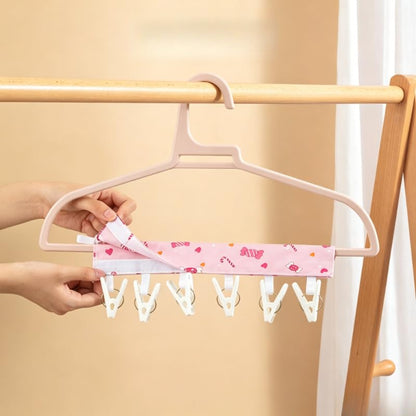 1pc Candy Print Foldable Travel Hanger Portable Fabric Hanging Clothes Drying Rack with 6 Clips Hook and Loop Fastener Space Saving Hanger - color: Rose Red