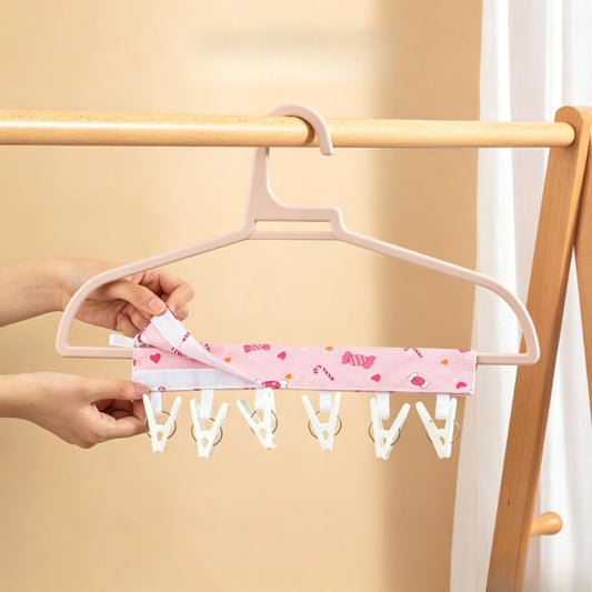 1pc Candy Print Foldable Travel Hanger Portable Fabric Hanging Clothes Drying Rack with 6 Clips Hook and Loop Fastener Space Saving Hanger - color: Rose Red
