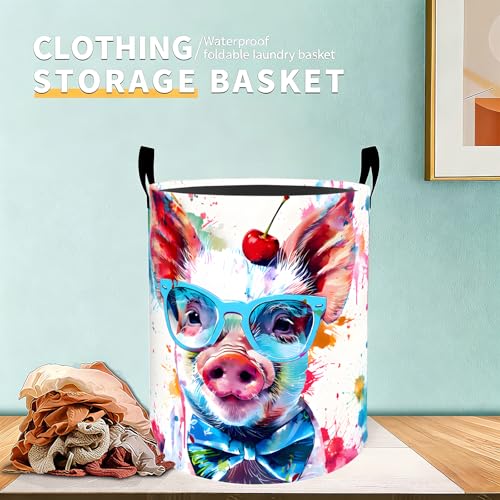 Colorful Pig with Glasses Laundry Basket Hamper for Boys Girls Kids Adults, Foldable Waterproof Oxford Clothes Storage Bin, Funny Farm Animal Organizer for Bedroom Bathroom Room Decor 19.7"x15.7" - style: Pig