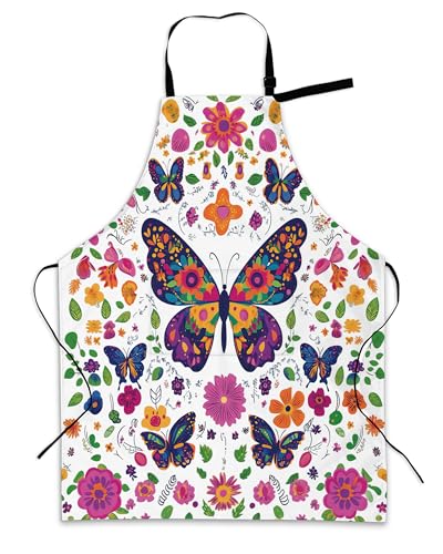 Cooking Aprons for Men and Women,Adjustable Bib Chef Apron with 2 Pockets, Soft and Durability Kitchen Apron - color: Butterfly Flowers