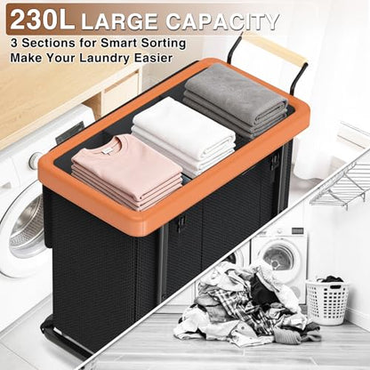 Rolling Laundry Hamper with Wheels, Laundry Hamper 3 Section with Lid Black - color: Black-3 Section, size: 3 Section