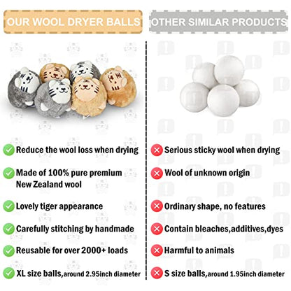 XL Size Wool Dryer Balls 6 Pcs - Over 2000 Loads,Lovely Tiger Appearance-Reusable,Hypoallergenic Baby Safe & Chemical Free to Reduce Sticky Wool When Drying & Shorten Drying Time… - color: Tiger