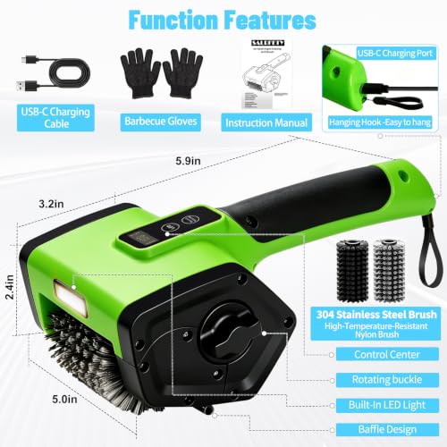 Electric Grill Brush,2-Speed Rechargeable BBQ Grill Cleaner, up to 160 min Runtime, 304 Stainless Steel Brush, LED Light, 2 Brush Heads Included, Most Outdoor Grill Grates - color: Green