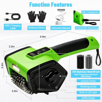 Electric Grill Brush,2-Speed Rechargeable BBQ Grill Cleaner, up to 160 min Runtime, 304 Stainless Steel Brush, LED Light, 2 Brush Heads Included, Most Outdoor Grill Grates - color: Green