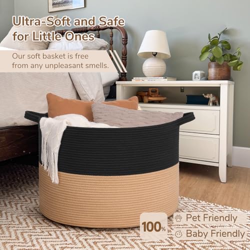 INDRESSME 115L Extra Large Woven Rope Blanket Basket Living Room BlackCamel - color: Black & Camel, size: 23.6"D x 15.7"H