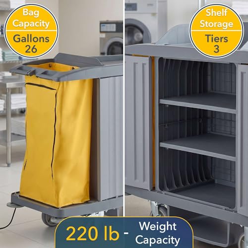 60” x 21” x 50” Large Locking 3-Shelf Multifunctional Housekeeping Cart - Commercial Hotel Cart with 2 Zippered Vinyl Bags, 8 Top Compartments, Underdeck Shelf, Fender Wheels, Locking Casters - 220 lb - size: Large (3 Shelf)